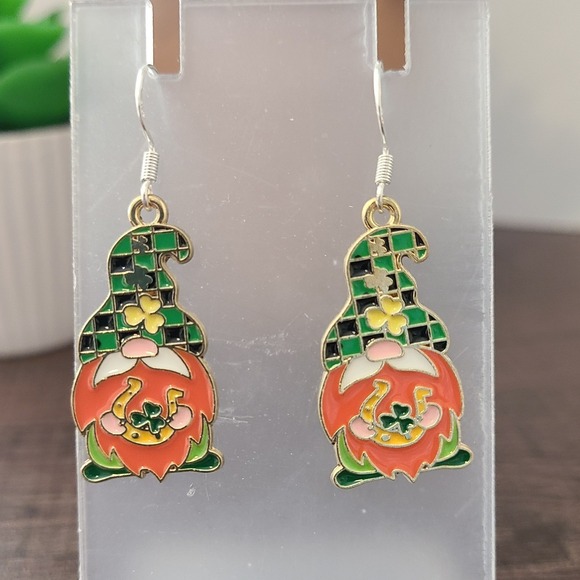 Handmade Jewelry - St Patricks Day Gnome Earrings Lucky Clover Horseshoe Enamel Dangle NEW Women's